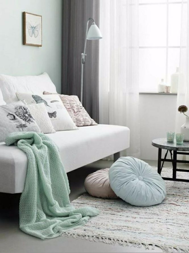 Pastel Colors and n Floor Lamps for the Perfect Fall Home Beautiful combination of mint green walls, white furniture and grey accents.